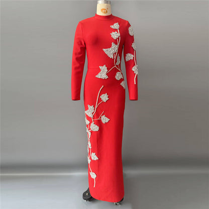 Long Sleeve Floral Crystal Maxi Dress Black HV2646