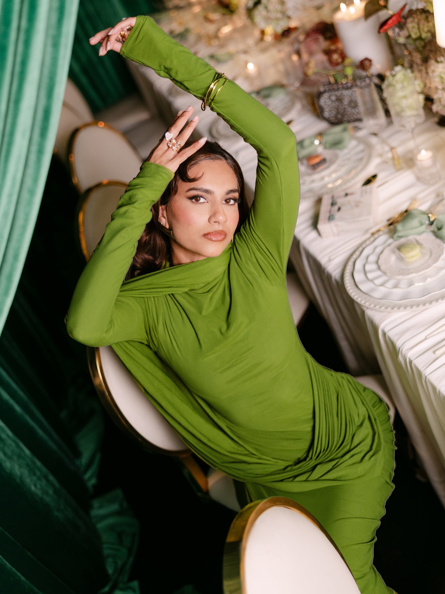 Long Sleeve Draped Maxi Dress Green HV0054