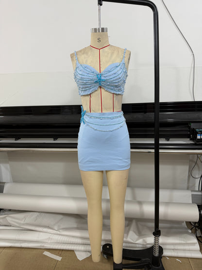 Embellished Starfish Corset Two Piece Dress Blue HV3207