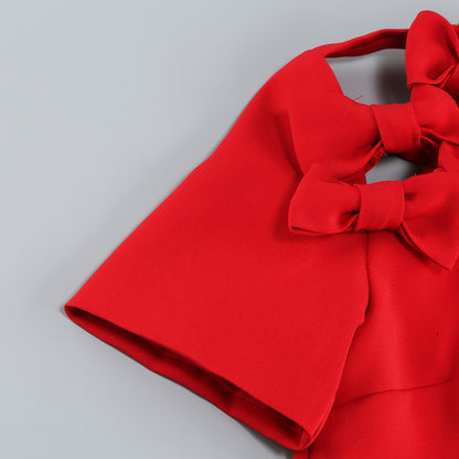 Short Sleeve Bow Detail A Line Dress Red  HV1361