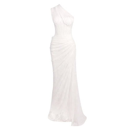 One Shoulder Draped Lace HV2677