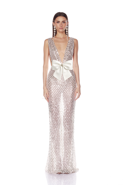 Bow Detail Sequin Maxi Dress Silver HV2767