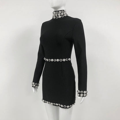 Long Sleeve Crystal Trim Dress Black HV1665