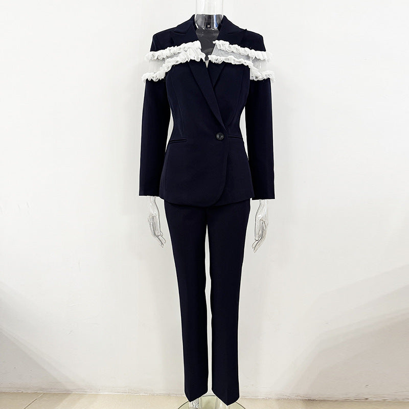 Frayed Ruffle Detail Suit Navy Blue HV2804