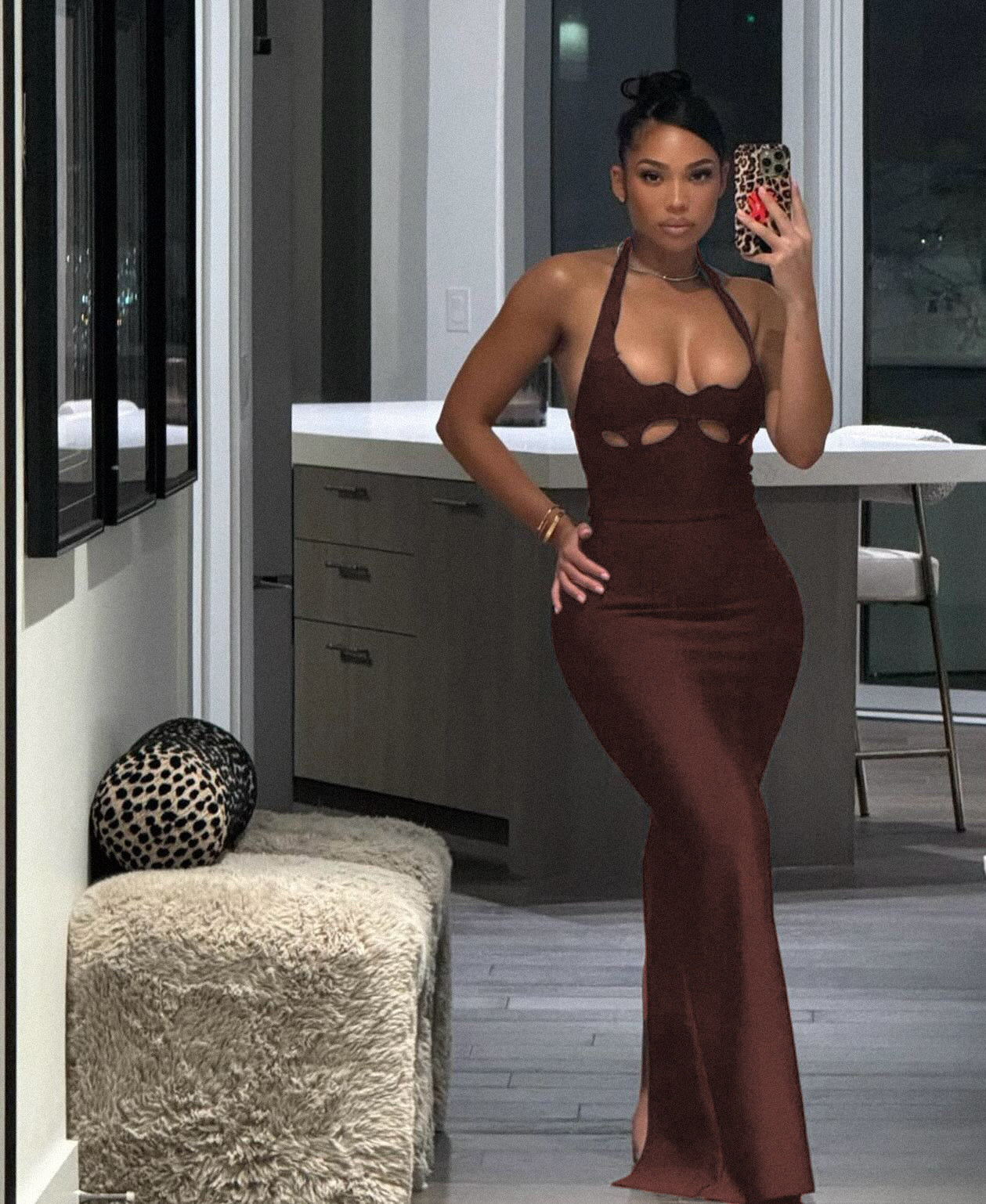 Halter Underboob Cut Out Maxi Dress Brown HV8518