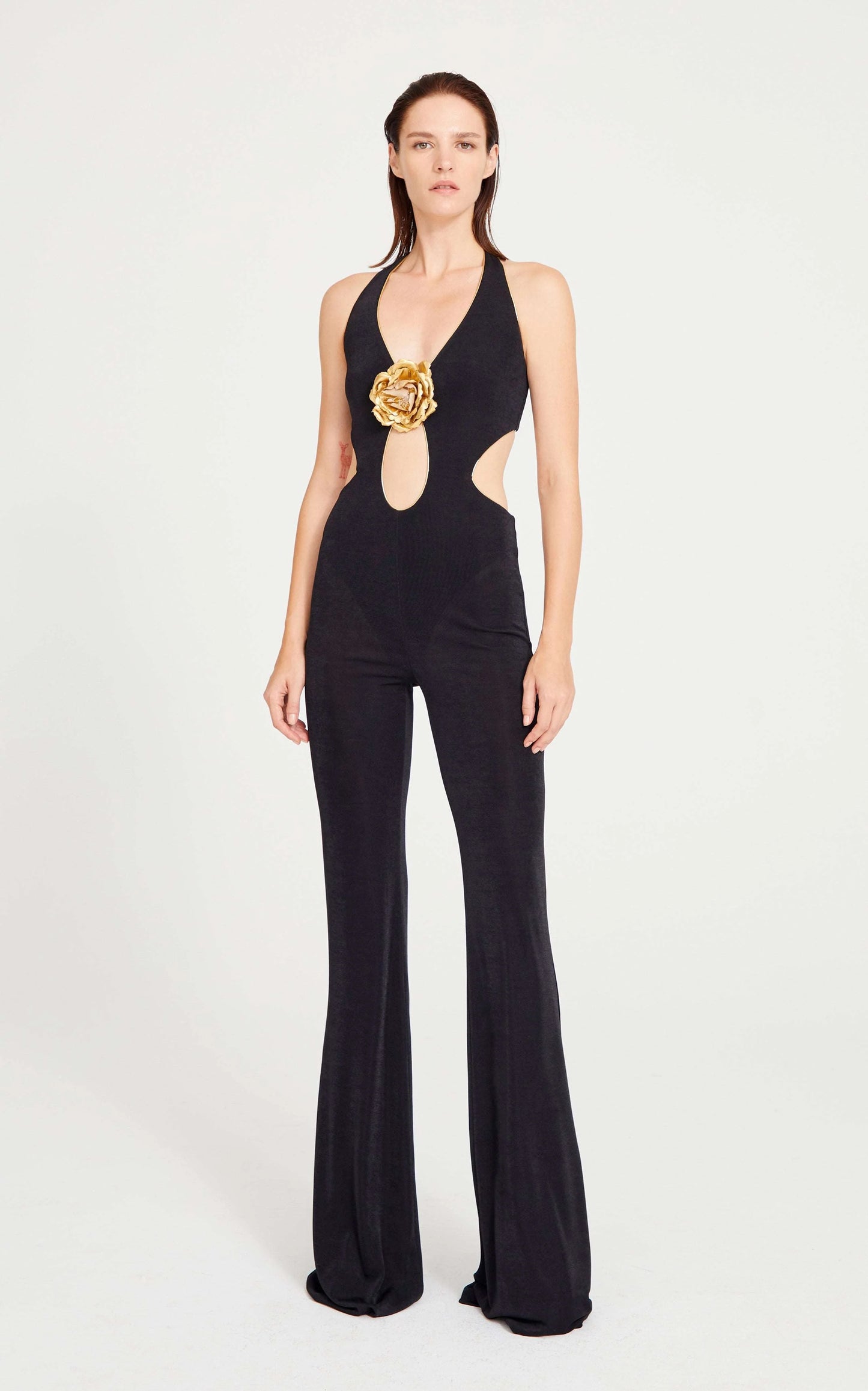 Halter Floral Jumpsuit Black Gold HV1638