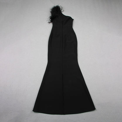 Feather One Shoulder Mermaid Maxi Dress Black HV9959