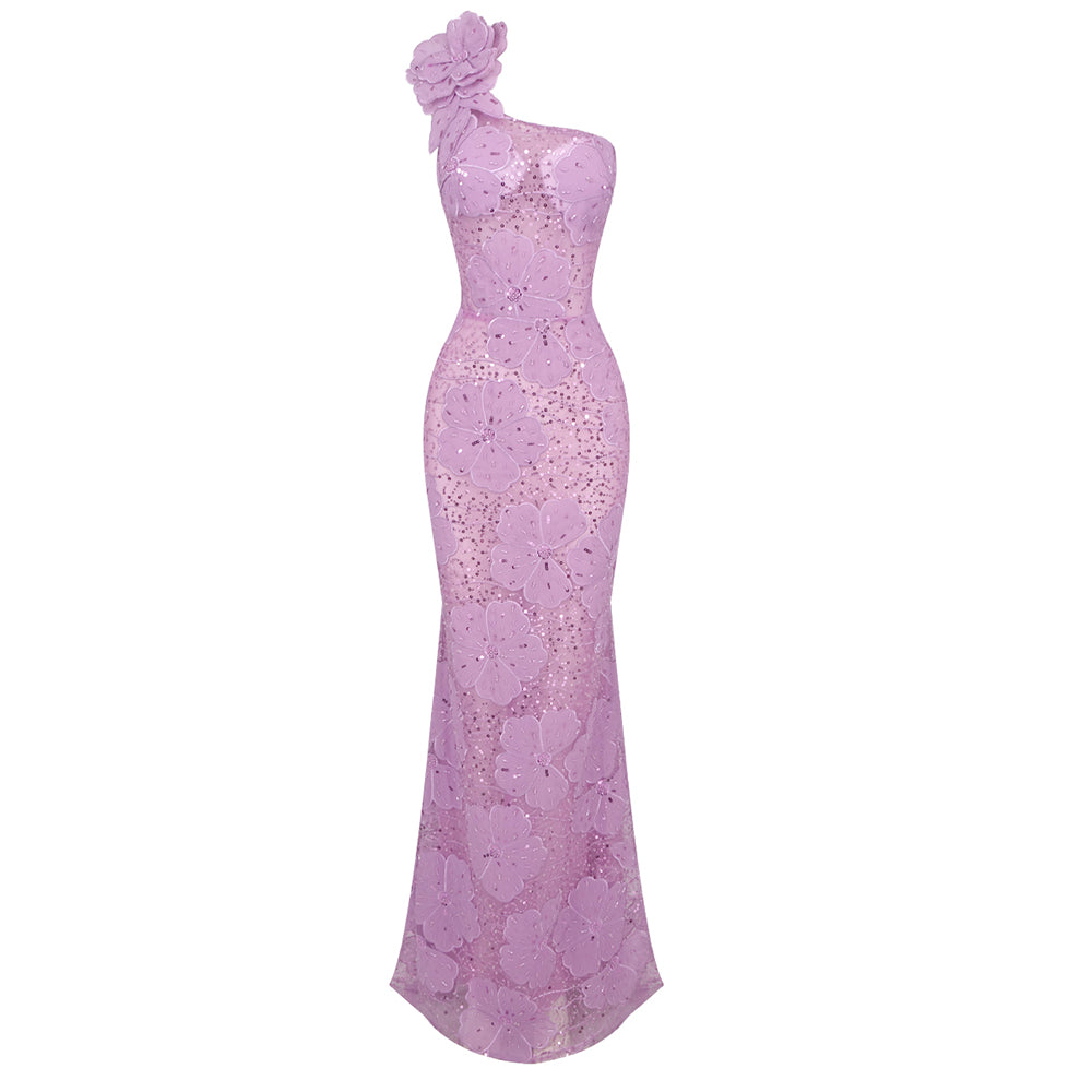 One Shoulder Floral Sequin Maxi Dress Lavender HV1711