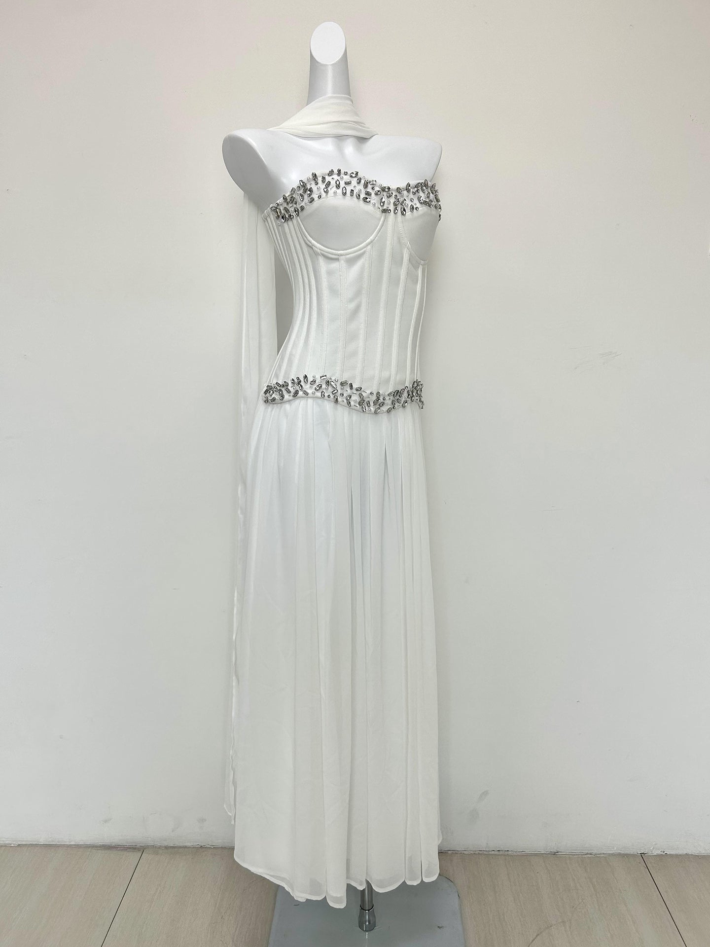 Strapless Embellished Bustier A Line Maxi Dress White HV3181