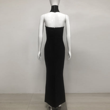 Strapless Crystal Choker Maxi Dress Black
