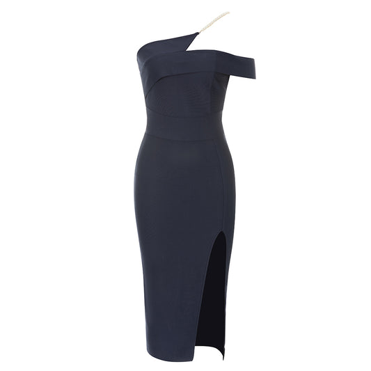 One Shoulder Pearl Midi Dress Navy Blue HV9313