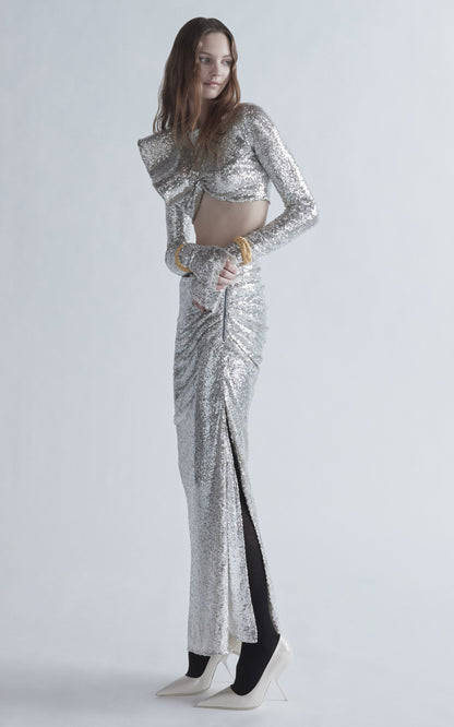 Long Sleeve Sequin Maxi Two Piece Dress Silver HV1976