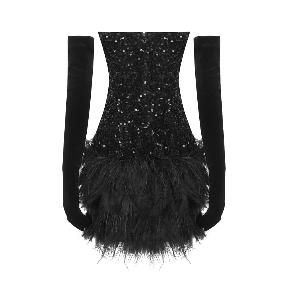 Strapless Sequin Corset Feather Dress Black HV1223