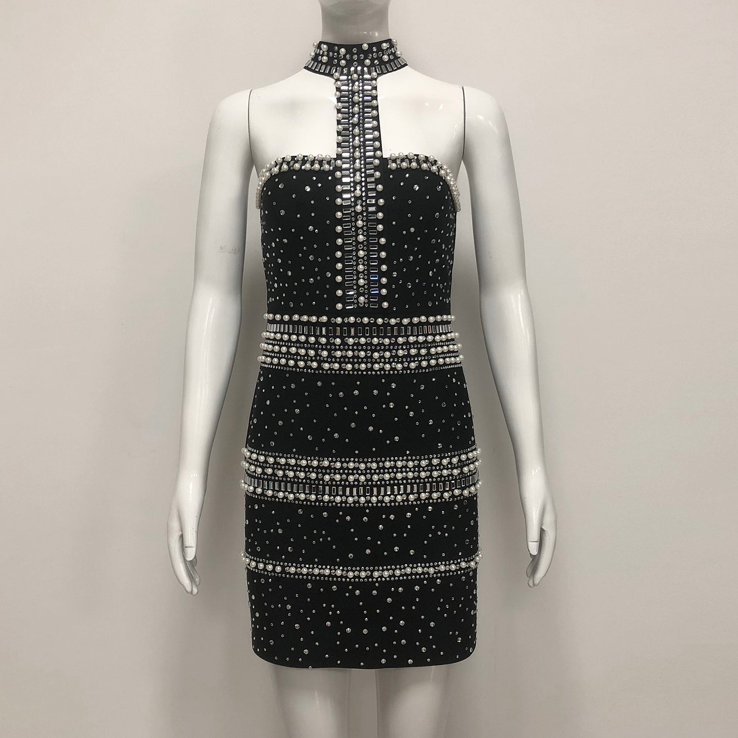 Halter Pearl Crystal Dress Black HV2723