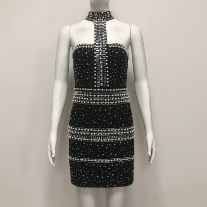 Halter Pearl Crystal Dress Black HV2723