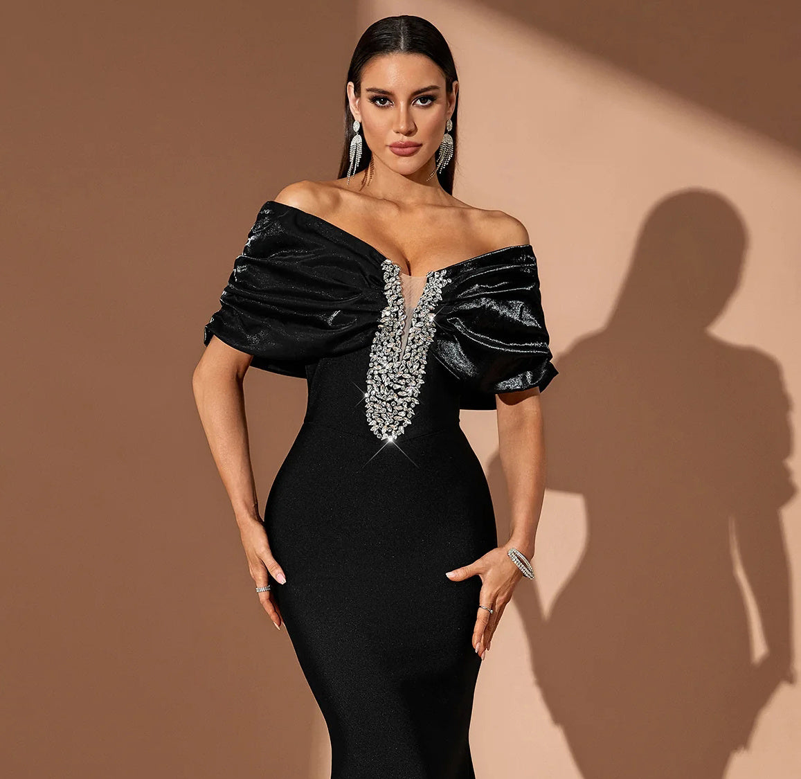 Draped Bardot Crystal Embellished Maxi Dress Black HV2644