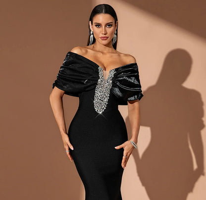 Draped Bardot Crystal Embellished Maxi Dress Black HV2644