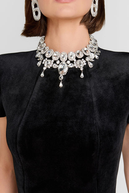 Short Sleeve Crystal Neckline Dress Black HV2724