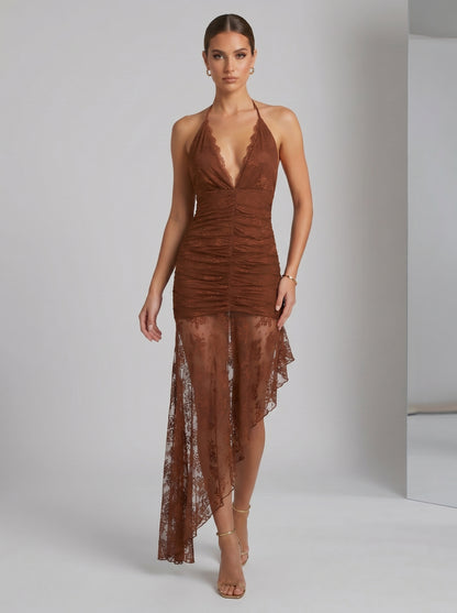Halter Ruched Asymmetric Lace Maxi Dress HV3083