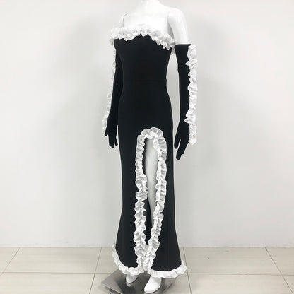 Strapless Ruffle Detail Maxi Velvet Dress Black White HV1399