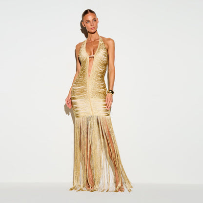 Halter Tassel Detail Maxi Dress Gold HV3109