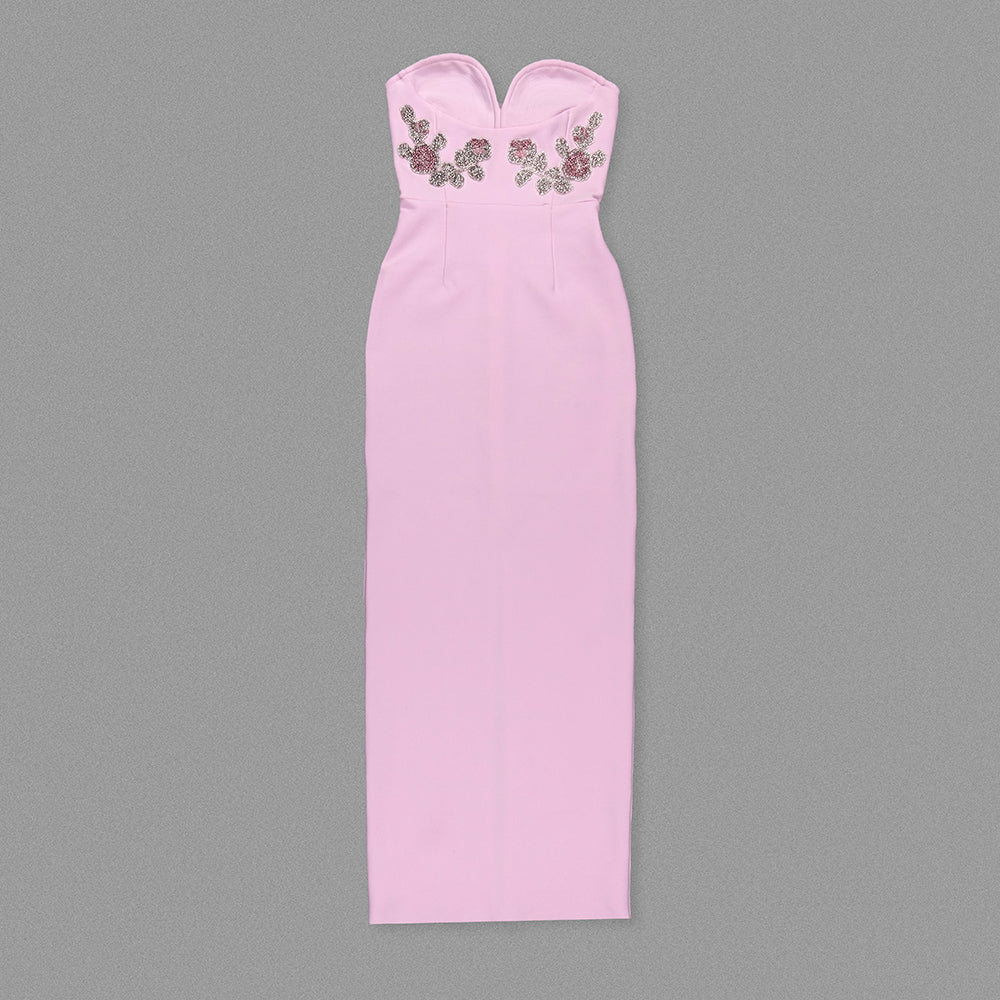 Strapless Crystal Floral Maxi Dress Pink HV1532