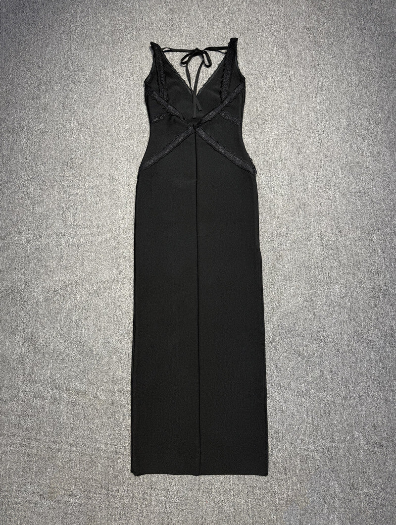 Scalloped Lace Backless Maxi Dress Black HV2421