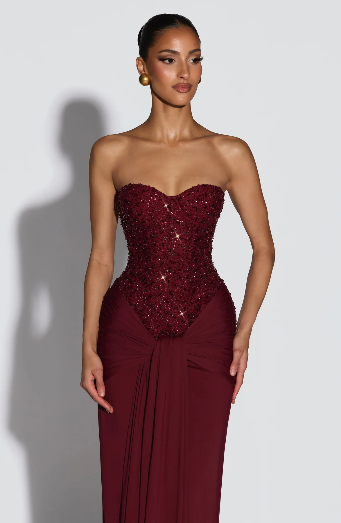 Strapless Sequin Draped Maxi Dress Red HV2813