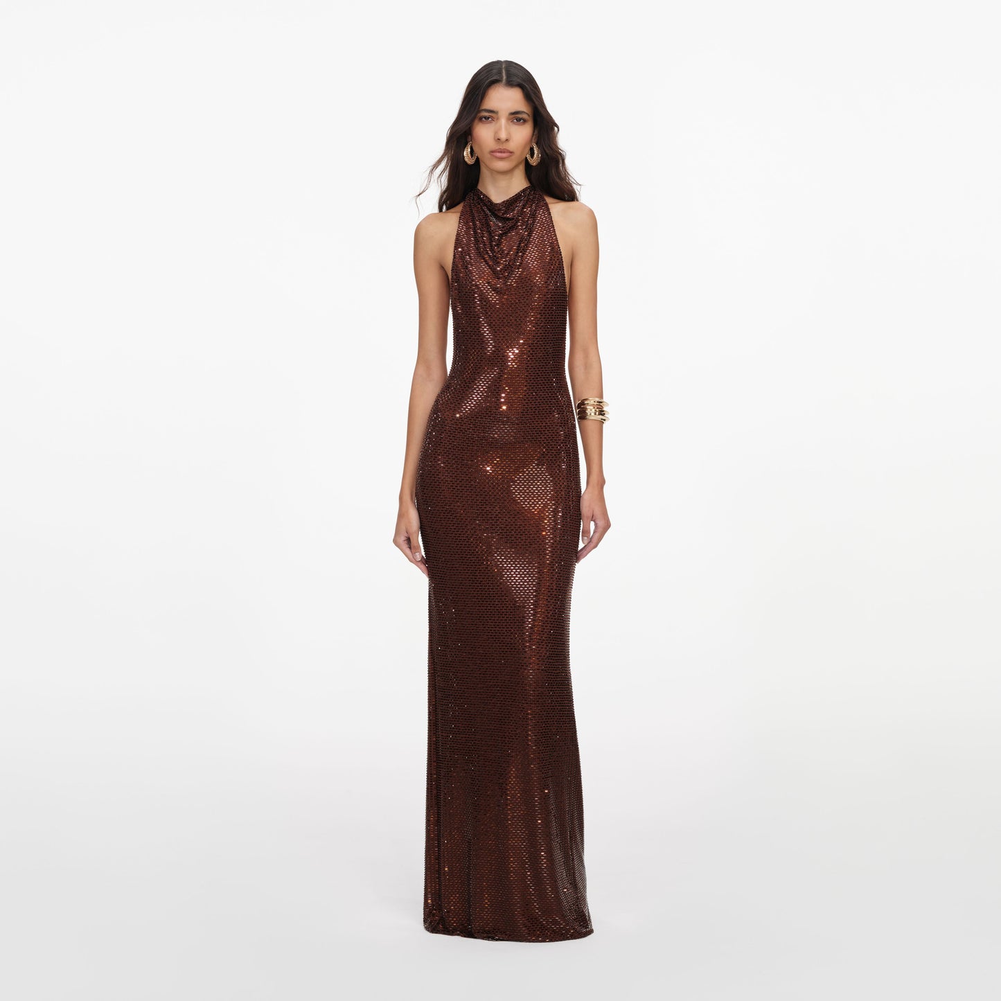 Draped Neckline Sparkly Maxi Dress Brown HV3105