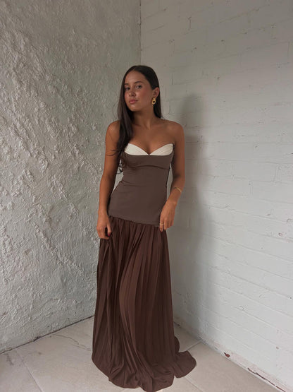 Strapless Pleated A Line Maxi Dress Brown HV2659