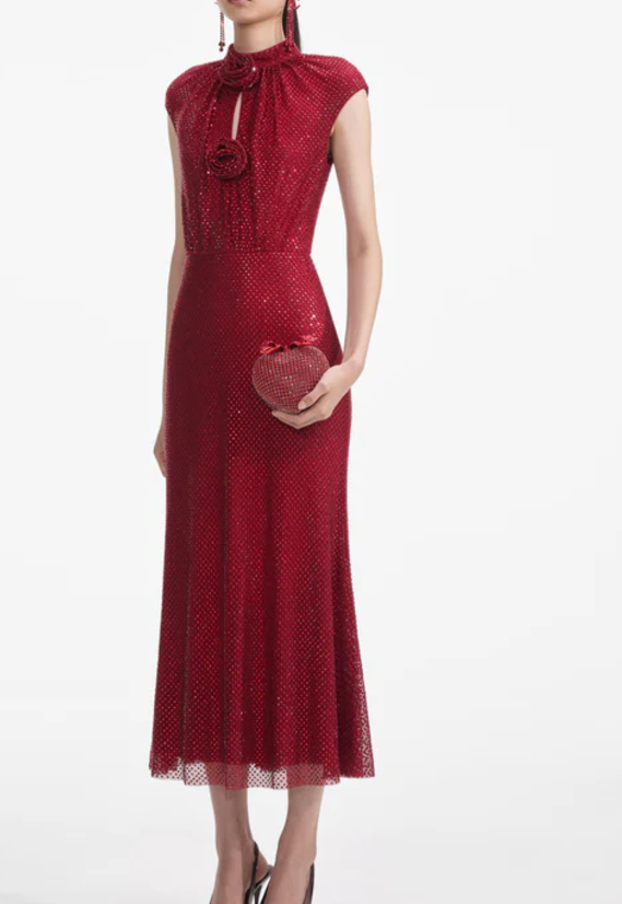Floral Detail Sparkly Midi Dress Red HV2213