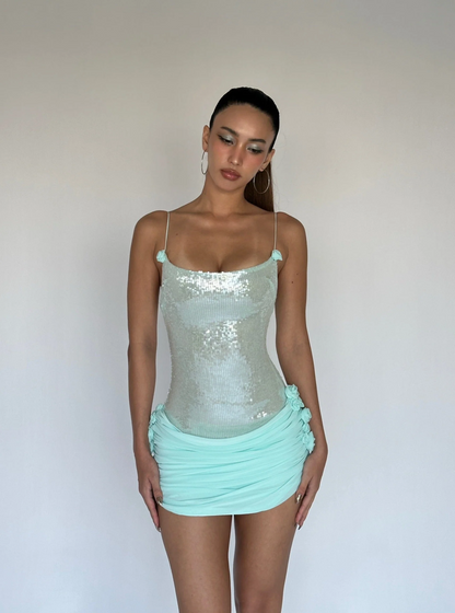 Sequin Floral Draped Corset Dress Green HV2207