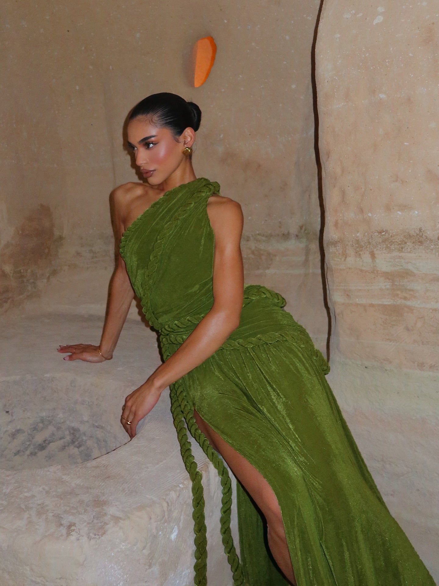 One Shoulder Maxi Velvet Dress Green HV2761