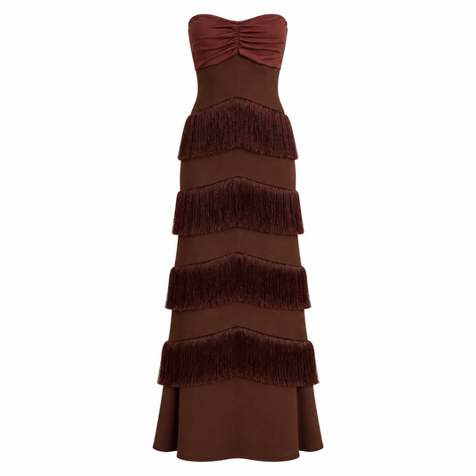 Strapless Tassel Detail Maxi Dress Brown HV11485