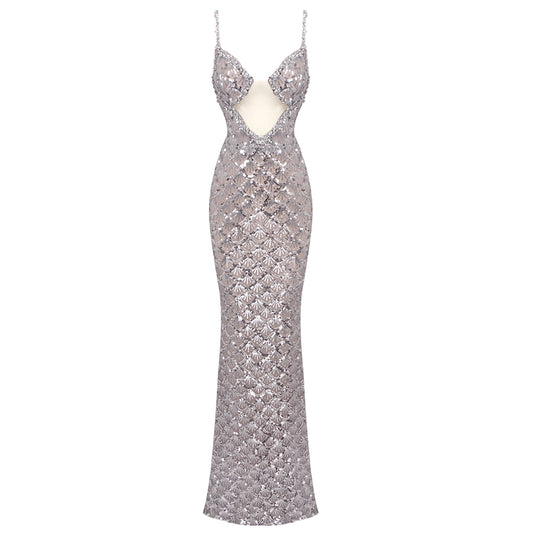 Crystal Bustier Sequin Maxi Dress Silver HV1627