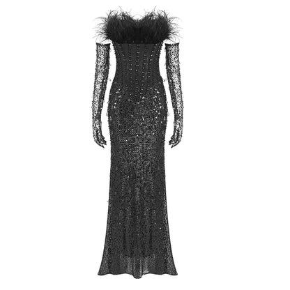 Strapless Feather Sequin Corset Maxi Dress HV1404