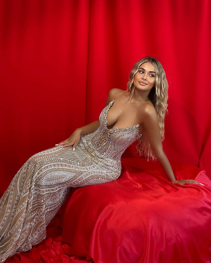 Strapless Crystal Sequin Maxi Dress Nude HV2196