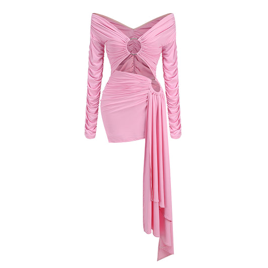 Long Sleeve Ruched Bardot Dress Pink