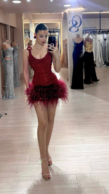 Draped Sparkly Feather Dress Red HV2496