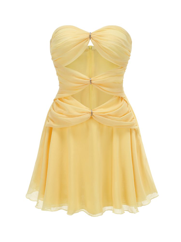 Strapless Ruched A Line Dress Yellow HV1651