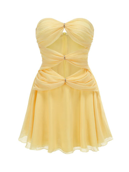 Strapless Ruched A Line Dress Yellow HV1651