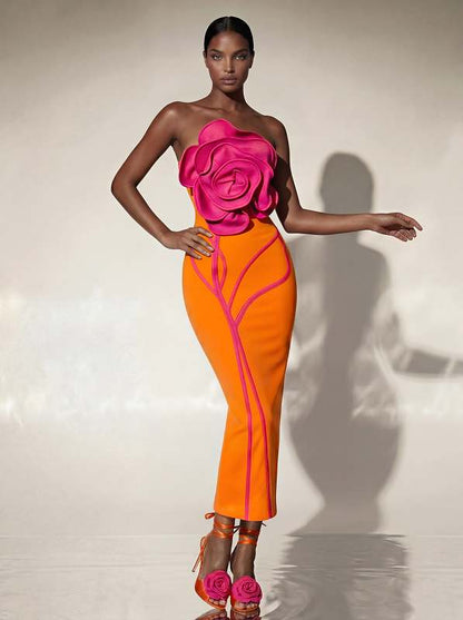 Strapless Floral Detail Maxi Dress Hot Pink Orange HV3045