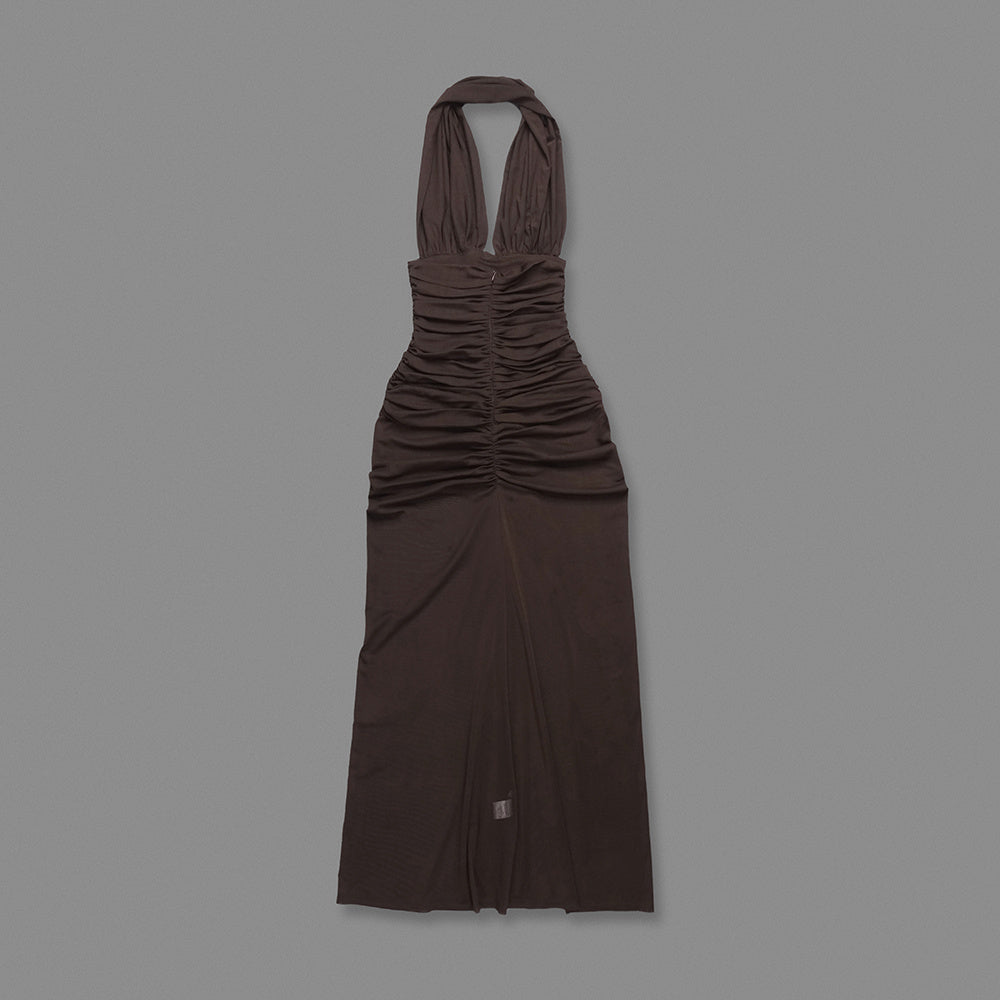 Halter Braid Detail Ruched Maxi Dress Brown HV0083