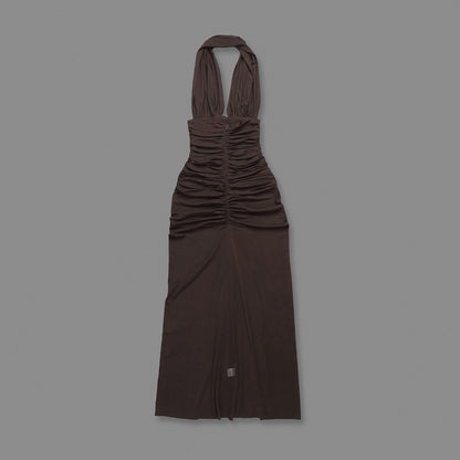 Halter Braid Detail Ruched Maxi Dress Brown HV0083
