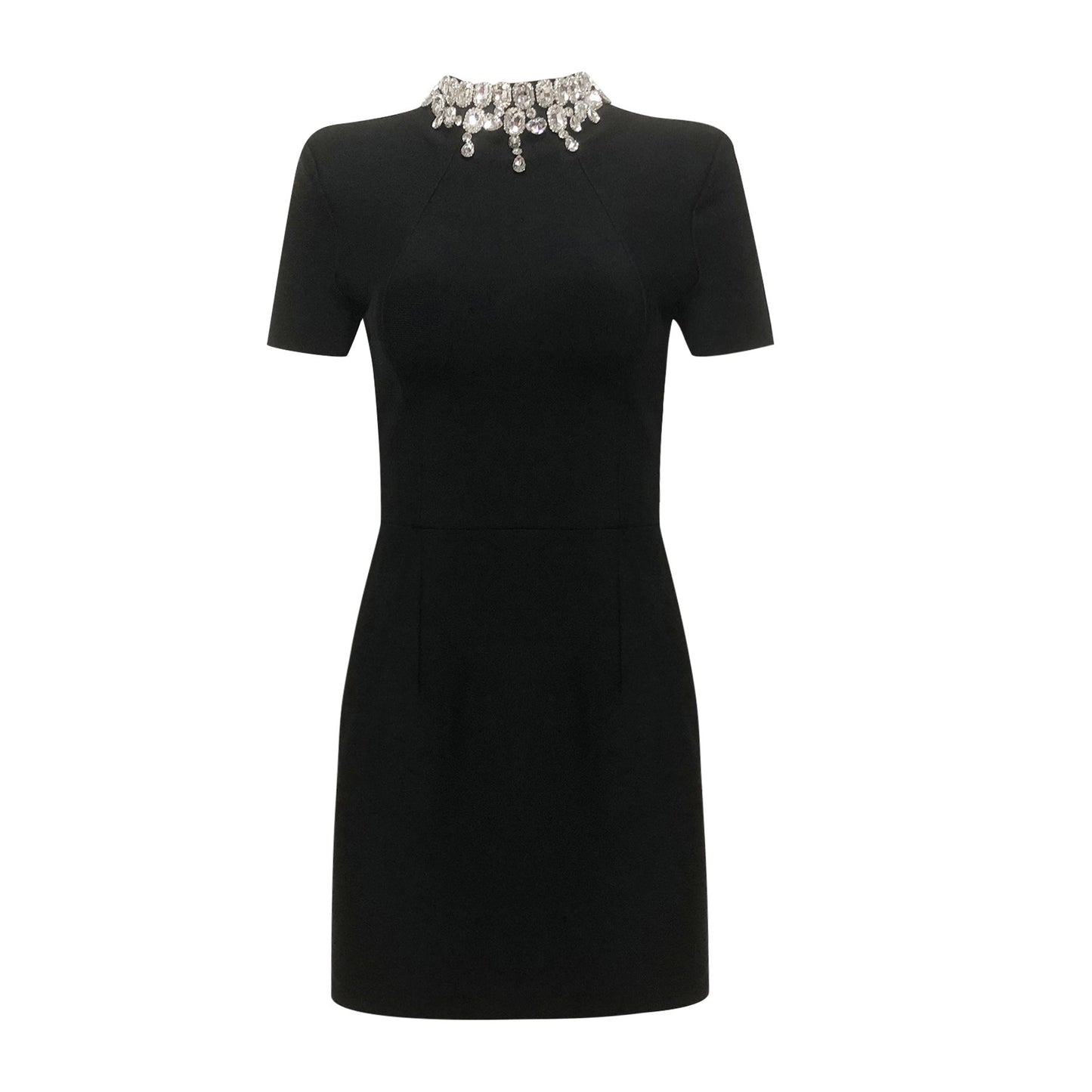 Short Sleeve Crystal Neckline Dress Black HV2724