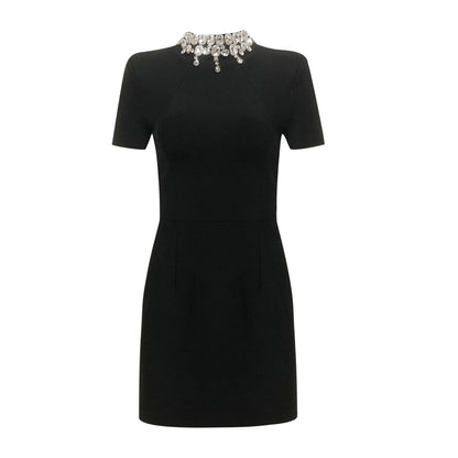 Short Sleeve Crystal Neckline Dress Black HV2724