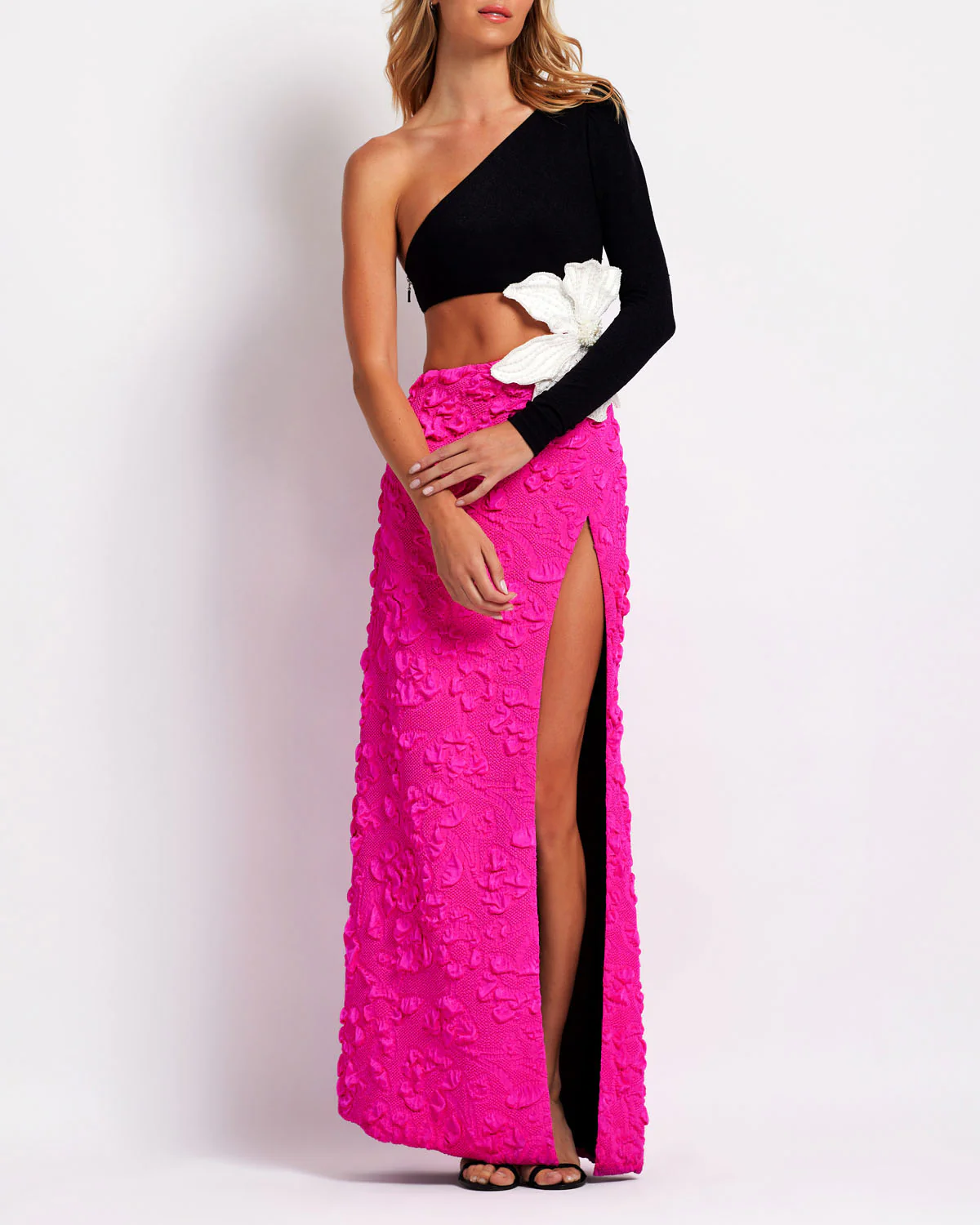 One Sleeve Flower Maxi Dress Black Hot Pink HV9931