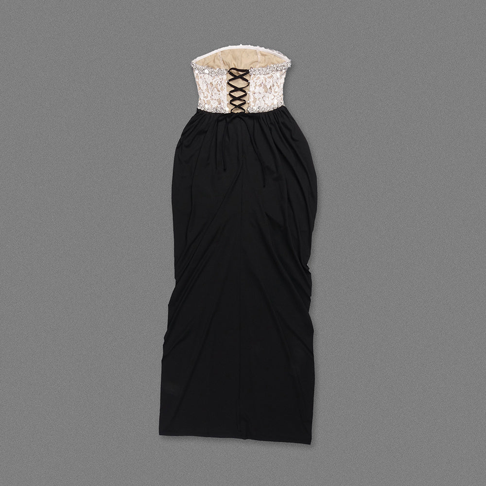 Strapless Crystal Lace Corset Maxi Dress Black White HV0039