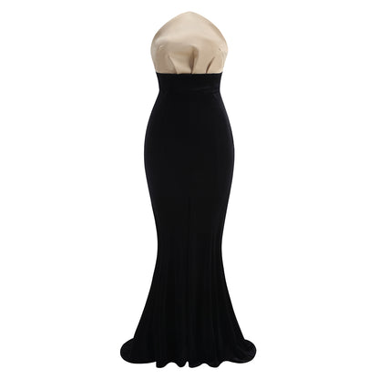 Strapless Mermaid Maxi Velvet Dress Black Ivory  HV2111