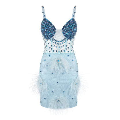 Crystal Bustier Feather Detail Dress Blue HV2192